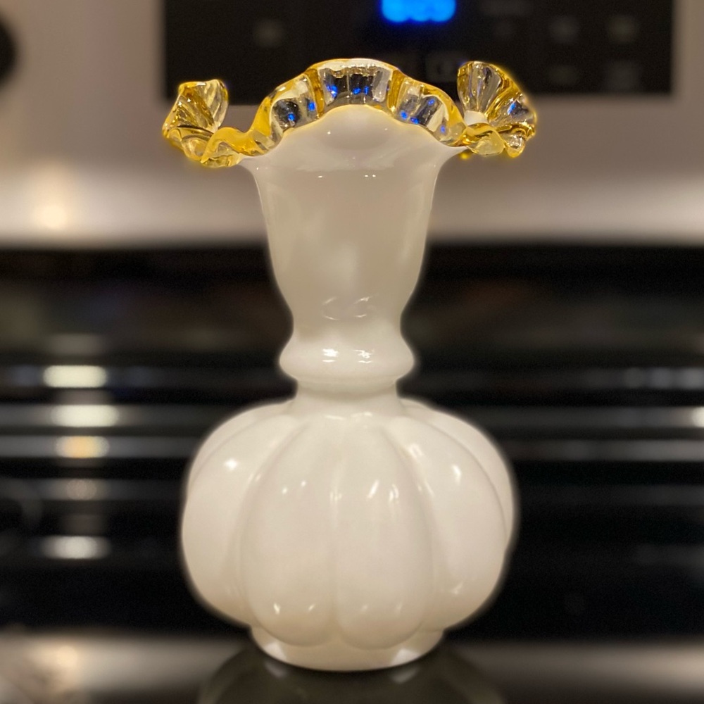 Vintage Fenton Art Glass Gold Crest Ruffled Milk Glass